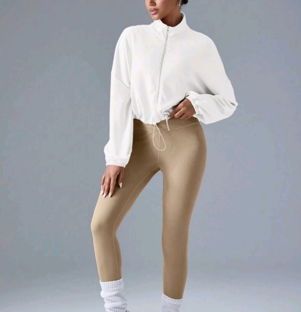 Women's Loose Fit Solid Color Dropped Shoulder Long Sleeve Stand  Collar Sport - Picture 4 of 4